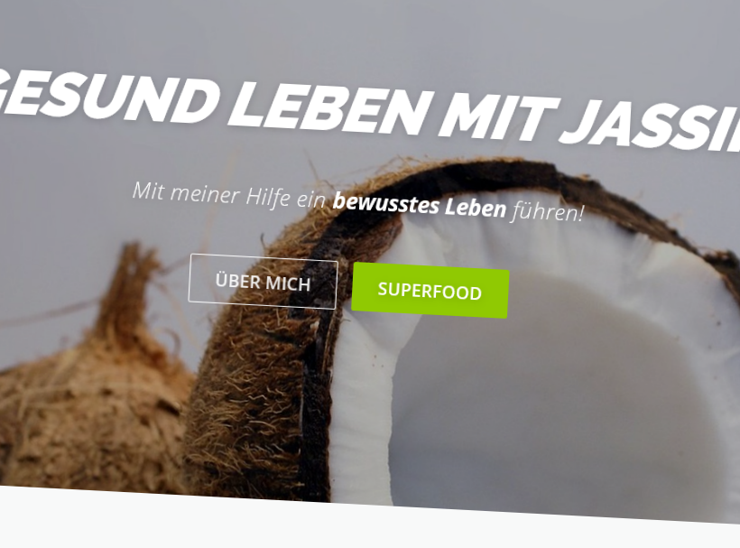 Text in Großbuchstaben: "GESUND LEBEN MIT JASSIN" "Mit meiner Hilfe ein bewusstes Leben führen!" Zwei Buttons "ÜBER MICH" und "SUPERFOOD"